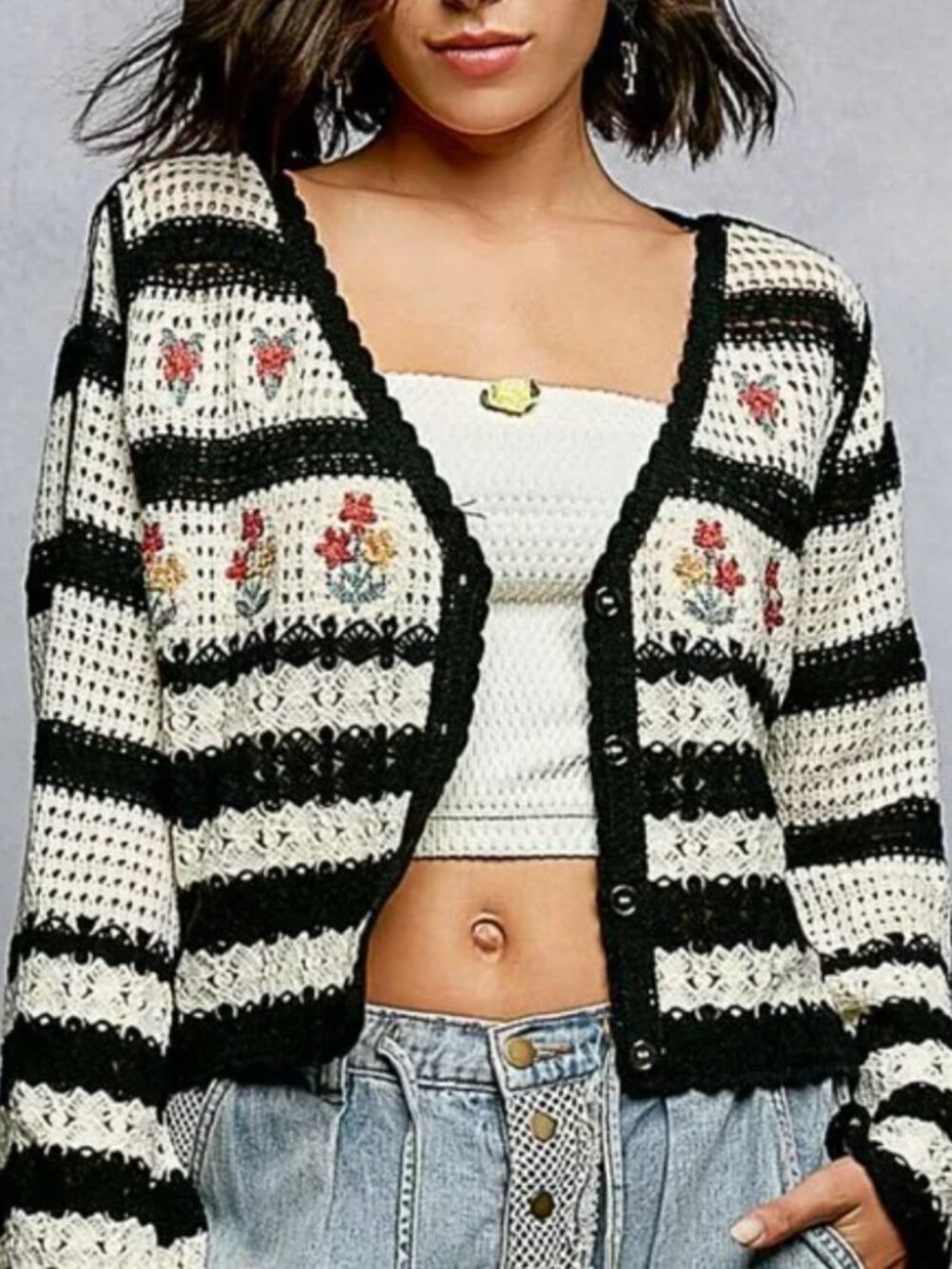 POL Black and Cream Striped Crochet Cardigan with Floral Embroidery